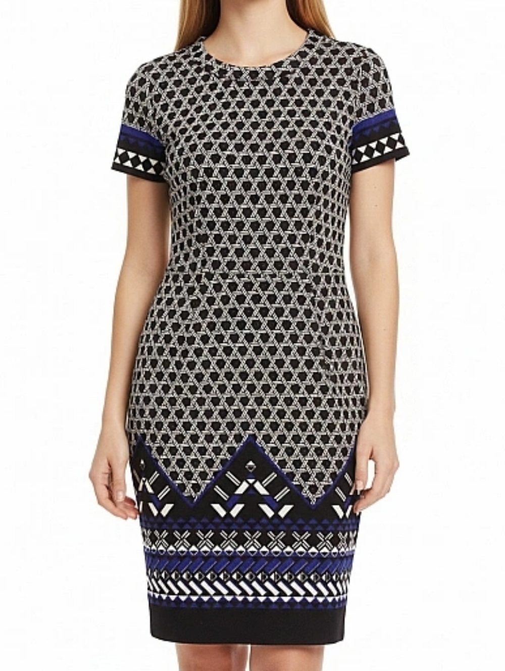 H&M Black and White Geometric Waffle Knit Sheath Dress with Blue Accents